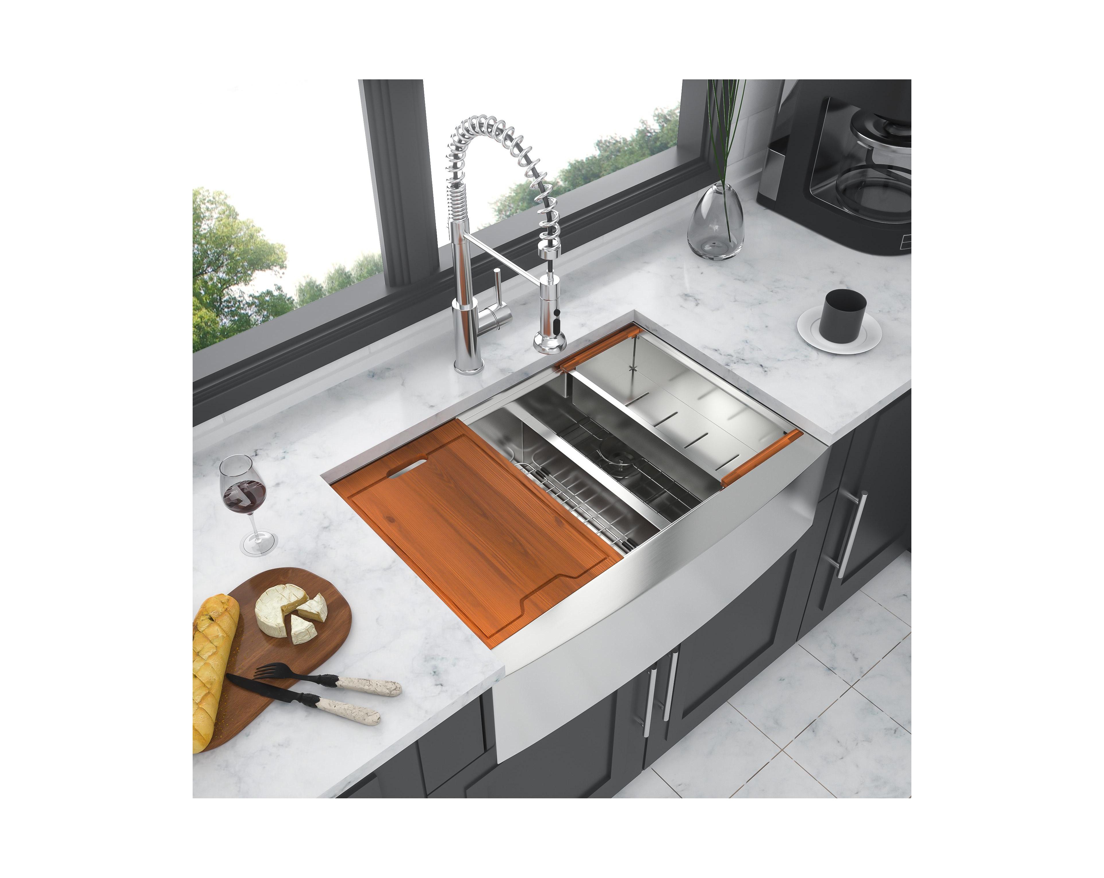 flynama 33x22x10 Inch Double Bowl 60 and 40 Farmhouse Workstation Kitchen Sink 16 Gauge T304 Stainless Steel Apron Front