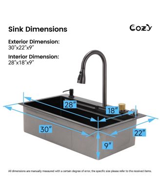30x22inch Black Waterfall Kitchen Sink Stainless Steel Single Bowl Workstation SSBL12 with Flying rain Faucet Cutting Board