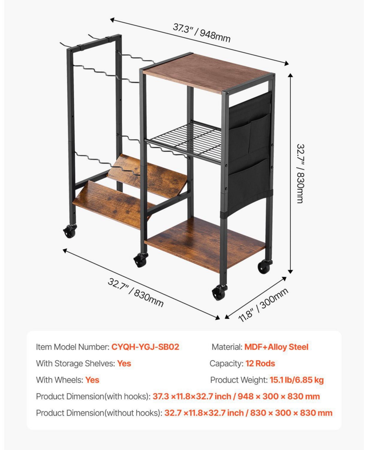 Mecale Fishing Rod Holder, 12-Rod Mobile Pole Rack Cart with Wheels for Garage or Home Fishing Gear Storage