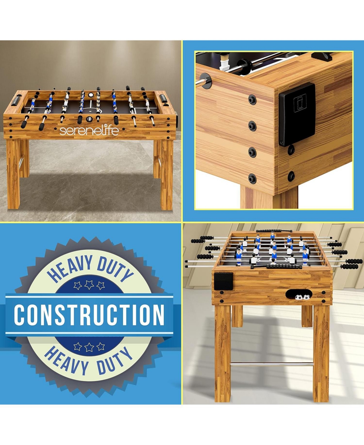 SereneLife 48” Competition Foosball Table – Height Adjustable Arcade Soccer Game with Cup Holders & 2 Balls for Home, Game Room