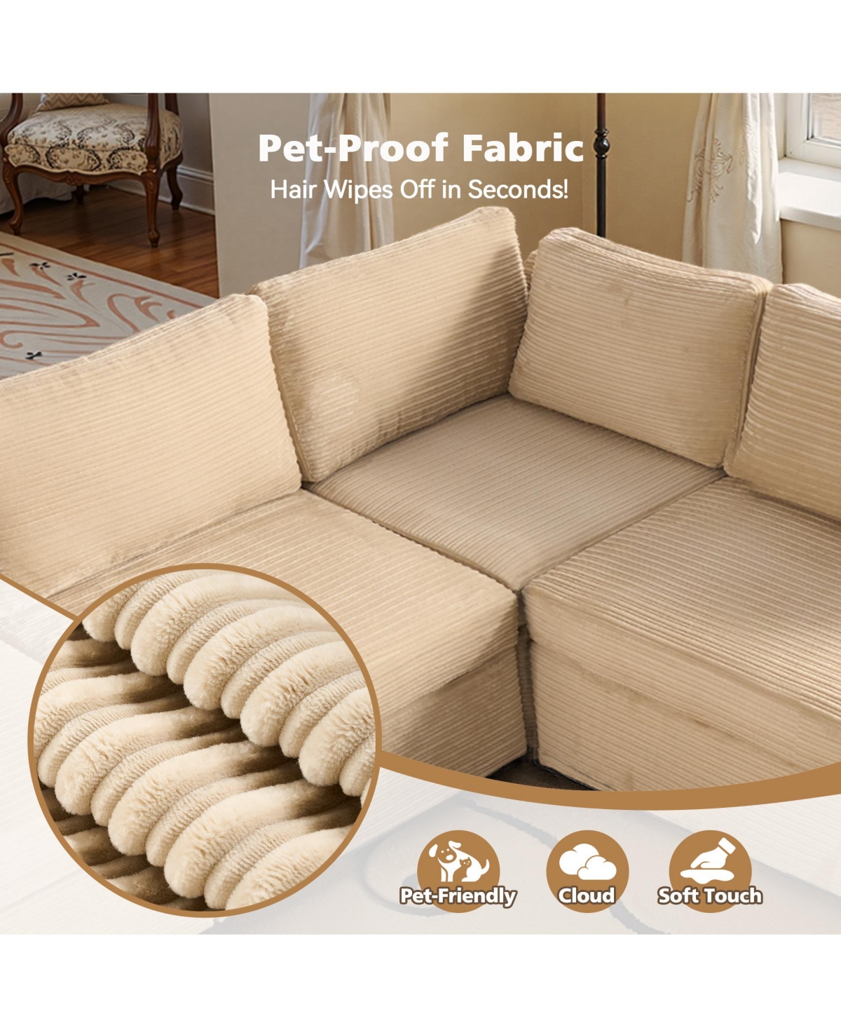 Xizzi Modular Sectional Sofa Couch, 8-Piece L-Shaped Deep Seat Cloud Couch with Chaise Ottoman, Comfy Corduroy Couches for Living Room