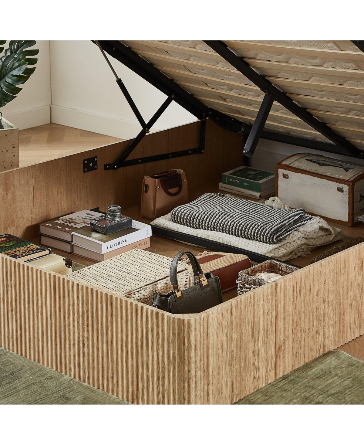 Boyel Living Queen Lift-Up Storage Bed Frame with Hydraulic System, Wooden Corrugated Curved Lines.