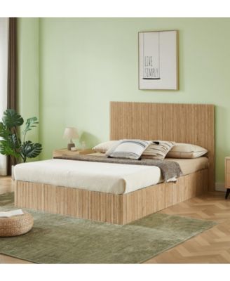 Queen Size Lift-Up Storage Bed Frame with Hydraulic System, Wooden Corrugated Curved Lines.