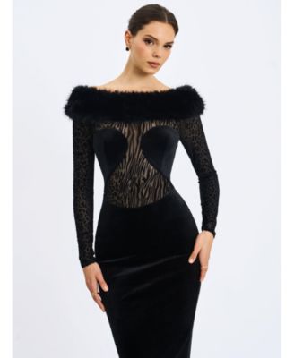 Women's Alexis Black Animal Print Fur Boatneck Maxi Dress