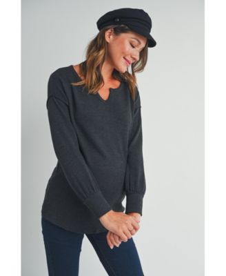 Maternity Ribbed Split Neck Long Sleeve Top