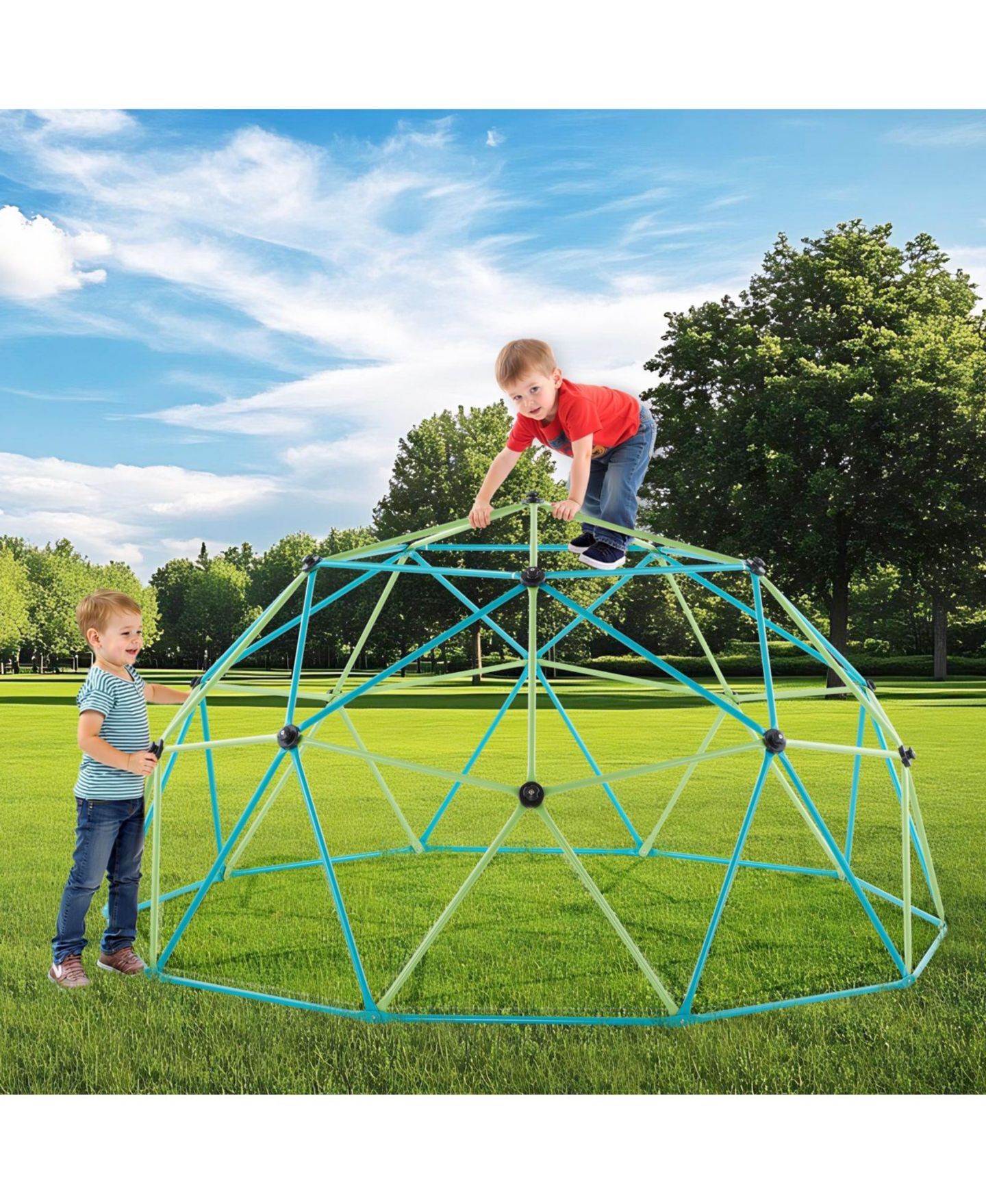 Детская игрушка Slickblue 10 Ft. Geometric Dome Climber with Saucer Swing, 1000 lbs Capacity, Ages 3-8, цвет: Зелёный / Синий — фото 3