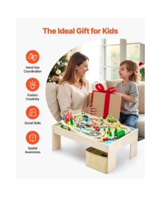 Train Table, 84 Multicolor Pieces Wooden Kids Activity Table with Collapsible Storage Bin
