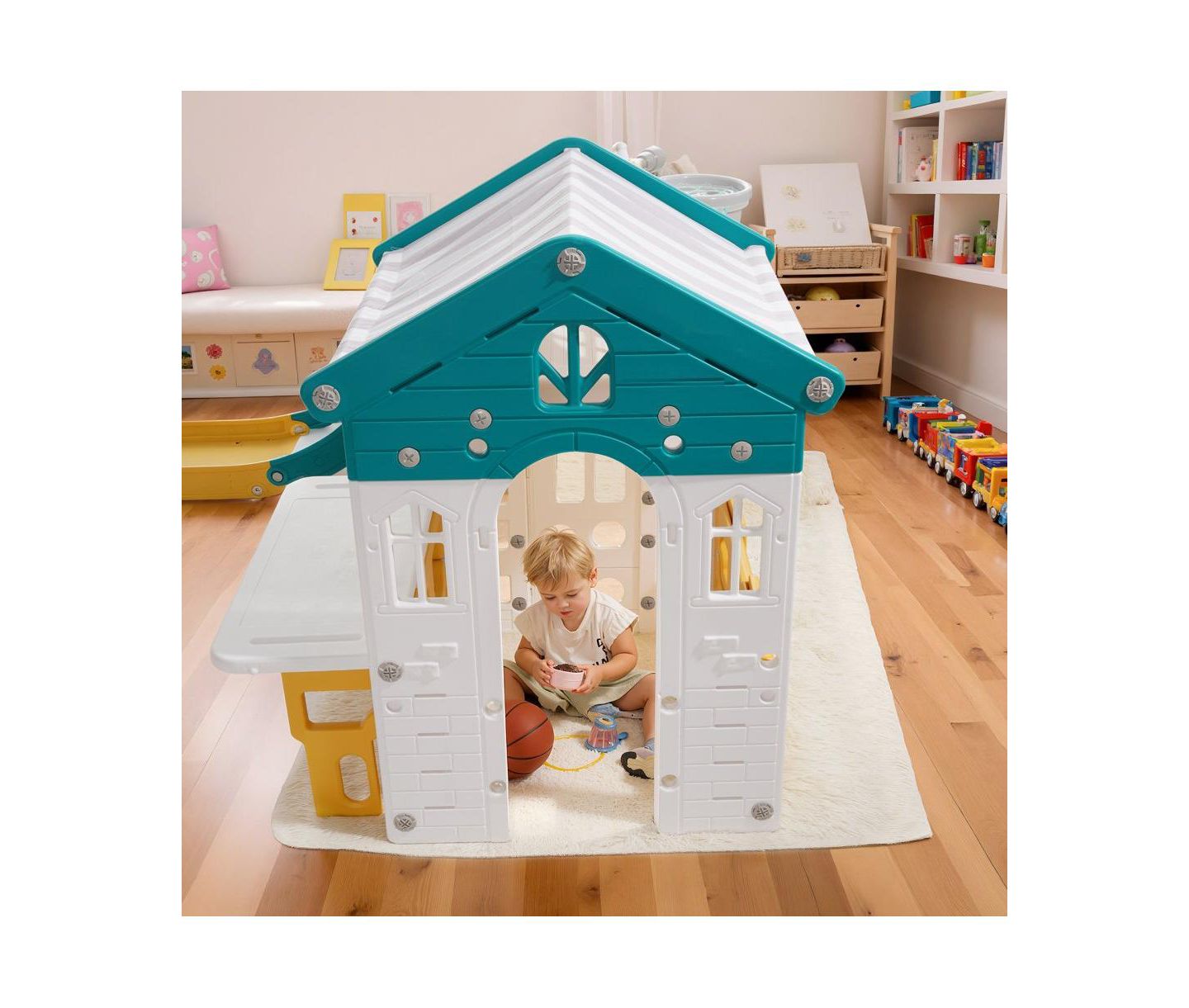 Детский игровой набор Slickblue Hdpe Toddler Playset with Slide, Basketball Hoop & Telescope, 73.6"L x 59.4"W x 43.5"H, Ages 1-3, цвет: Белый / Жёлтый — фото 3