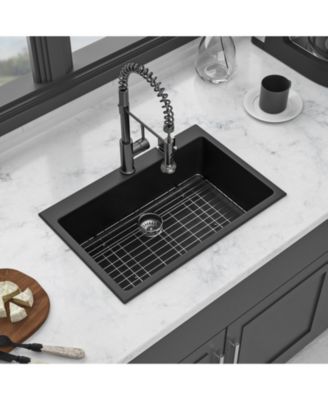 huluwat Black Quartz Composite Kitchen Sink Drop In Granite