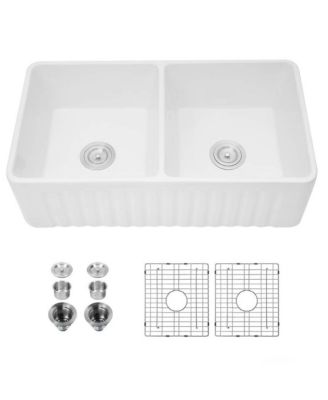 33x18x10inch Ceramic White Farmhouse Kitchen Sink Rectangular Double Basin Vessel Sink