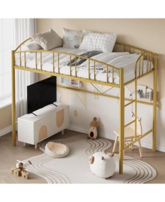 Loft Bed Twin Size with Ladder and High-Arched Guardrail, Sturdy Metal Slats, Space-Saving Design, Modern Decor Style