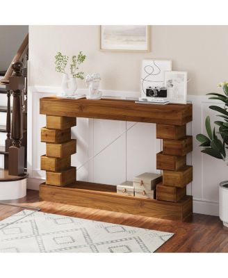 Geometric Block Stacked Wood Console Table with Warm Natural Finish, Entryway Table