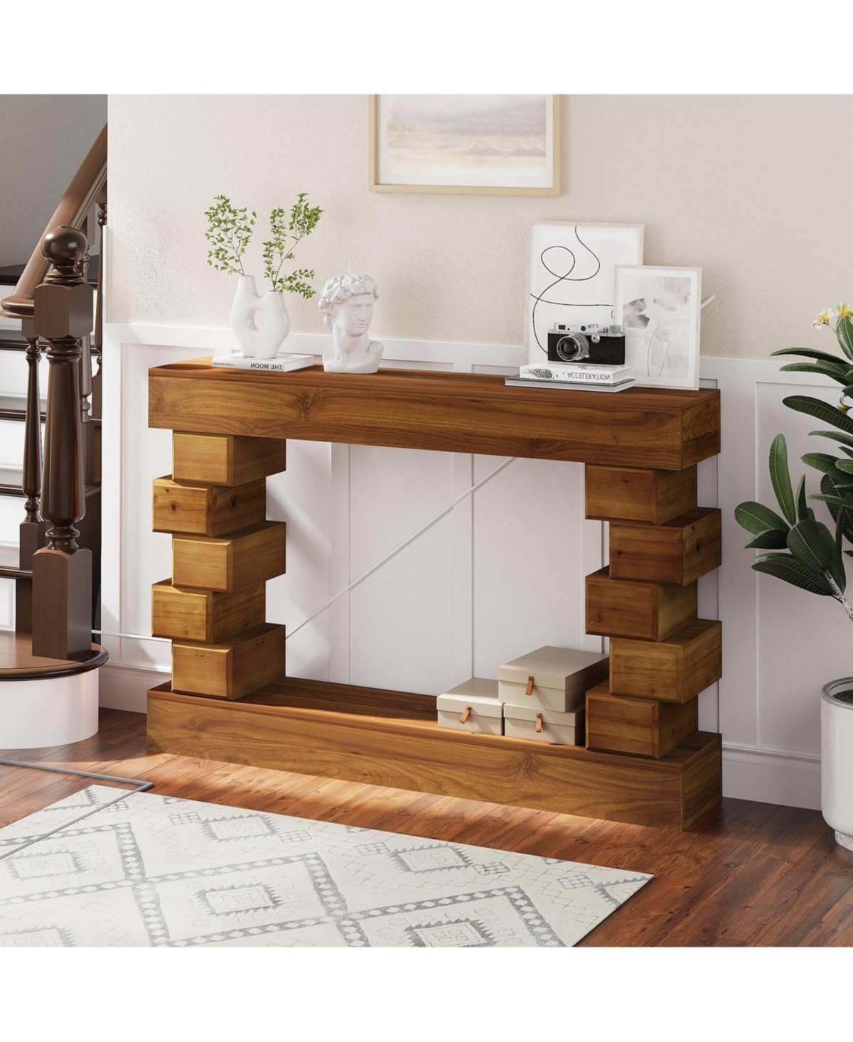 Boyel Living Geometric Block Stacked Wood Console Table with Warm Natural Finish, Entryway Table
