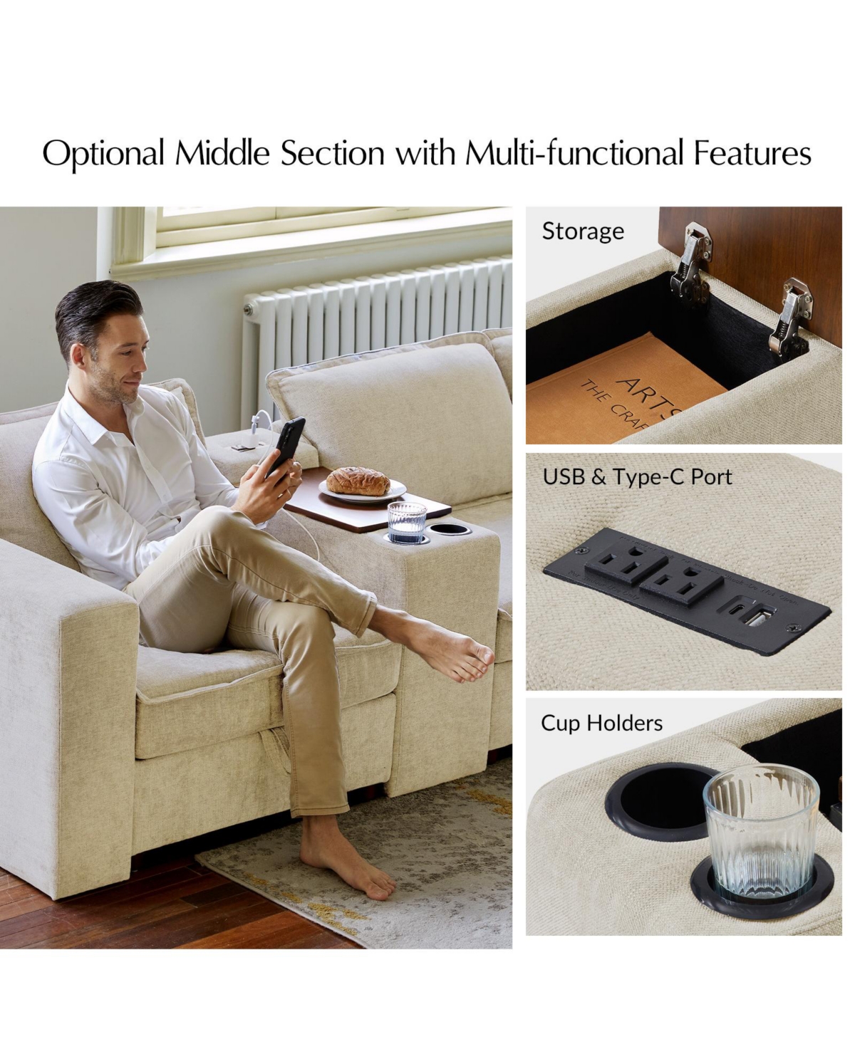 Hulala Home Buelow 144” Modern Storage Sectional Sofa With Charging Station And Middle Compartment