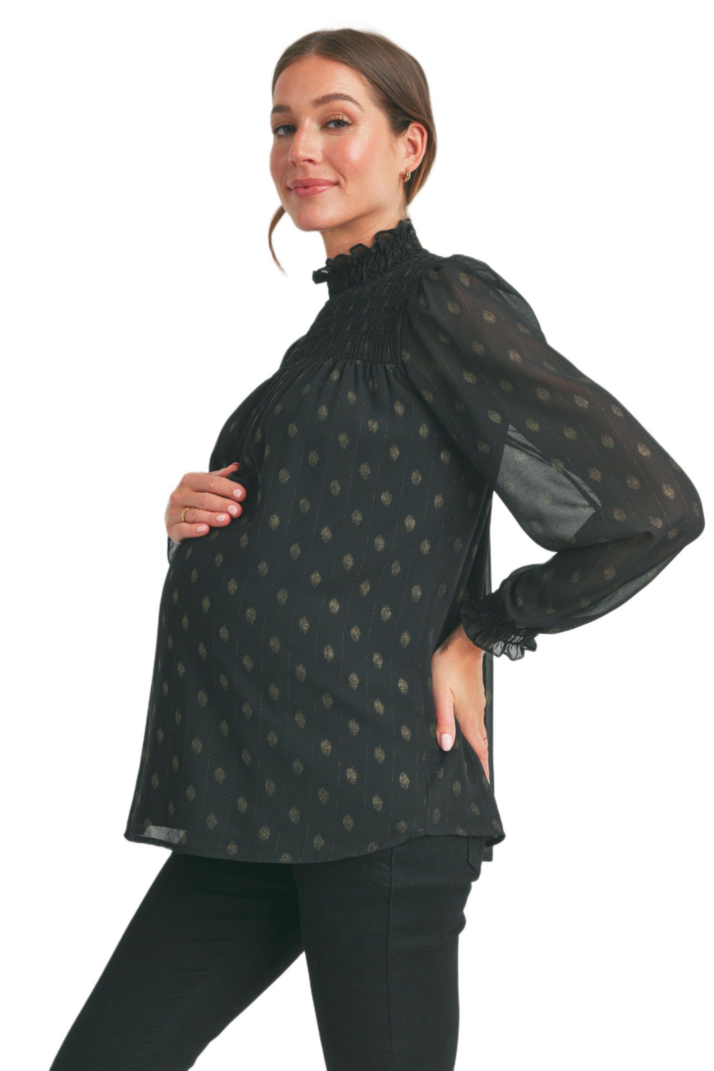 Женская блузка Hello Miz Maternity Long Sleeve Mock Neck Polka Dot Smocked Blouse, цвет: Чёрный — фото 2
