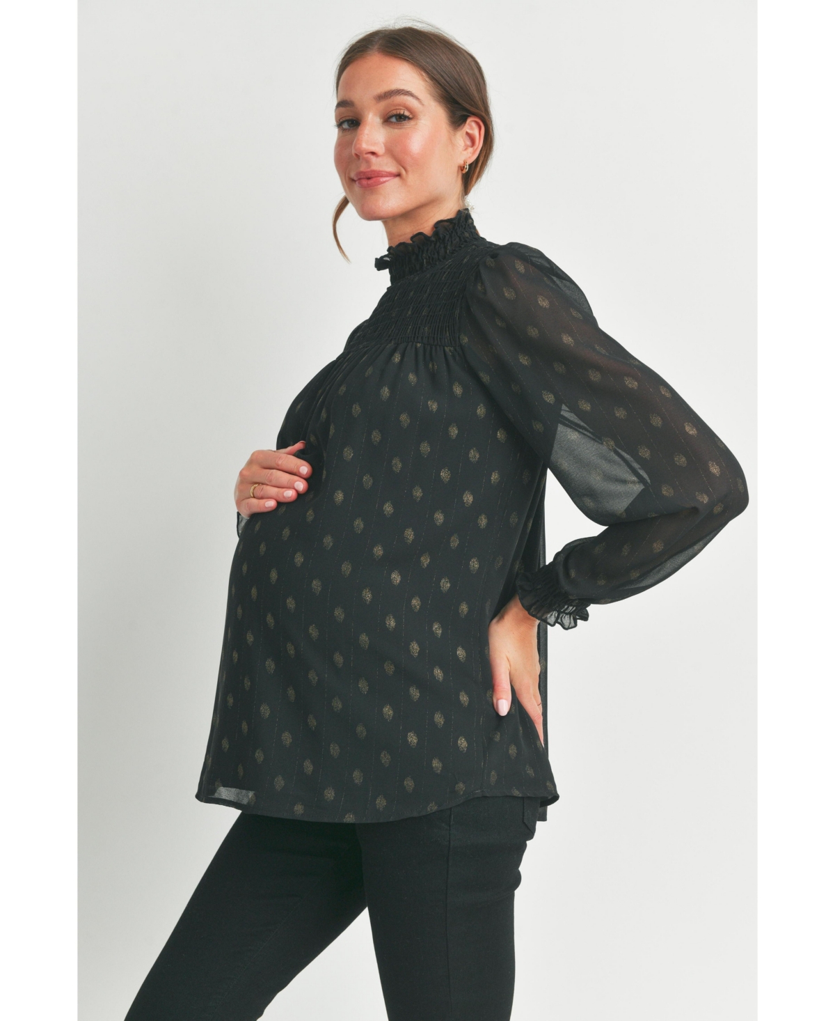 Hello Miz Maternity Long Sleeve Mock Neck Polka Dot Smocked Blouse