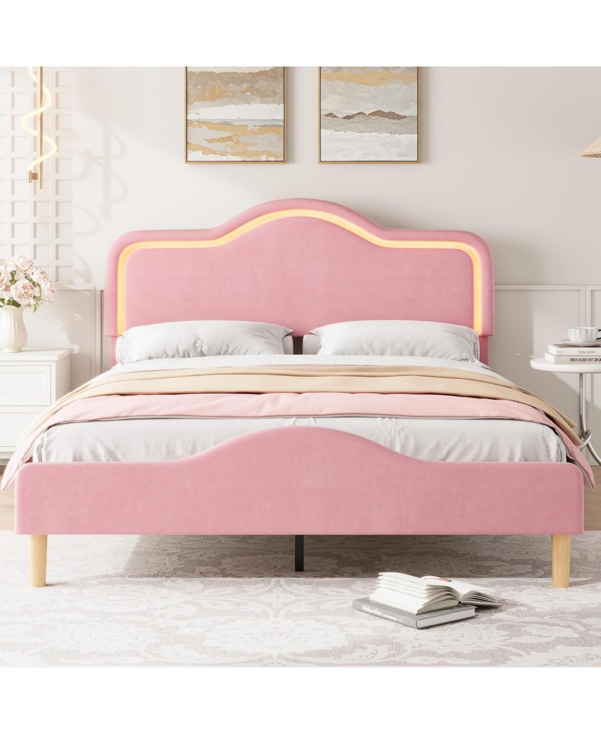 gaomon Velvet Bed Frame with Led Head/Footboard, Princess Platform for Kids