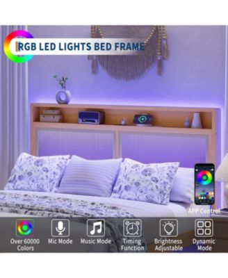 Rattan Bed Frame with Natural Rattan Headboard, Bohemian Platform Bed with LED