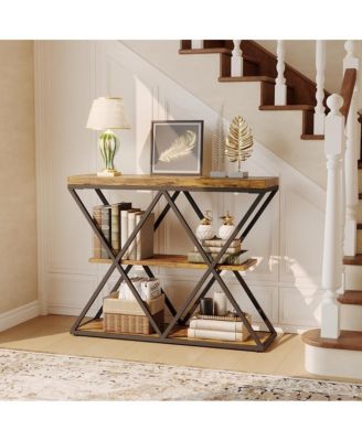Industrial 3-Tier Entryway Table with X-Shaped Metal- Warm Rustic Vintage Wood Tone, Double X Metal Frames with 2 Shelves