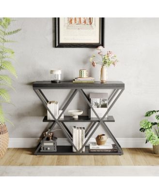 Industrial 3-Tier Entryway Table with X-Shaped Metal- Warm Rustic Vintage Wood Tone, Double X Metal Frames with 2 Shelves