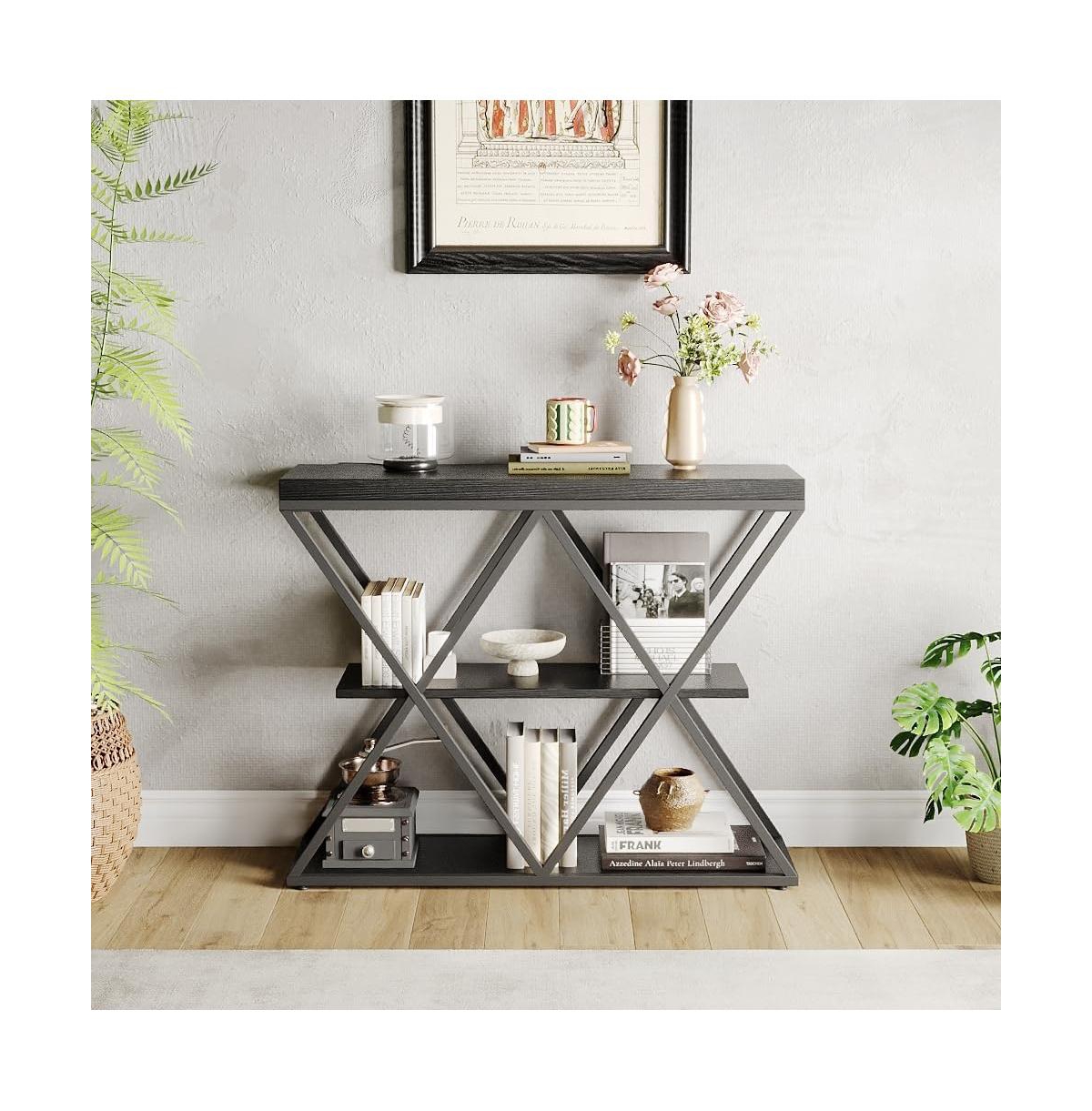 gaomon Industrial 3-Tier Entryway Table with X-Shaped Metal- Warm Rustic Vintage Wood Tone, Double X Metal Frames 2 Shelves, Versatile for Living