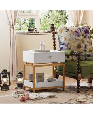Modern Nightstand End Table with Drawer and Open Shelf, 2 Tiers Sofa Side Table for Living Room, Bedroom