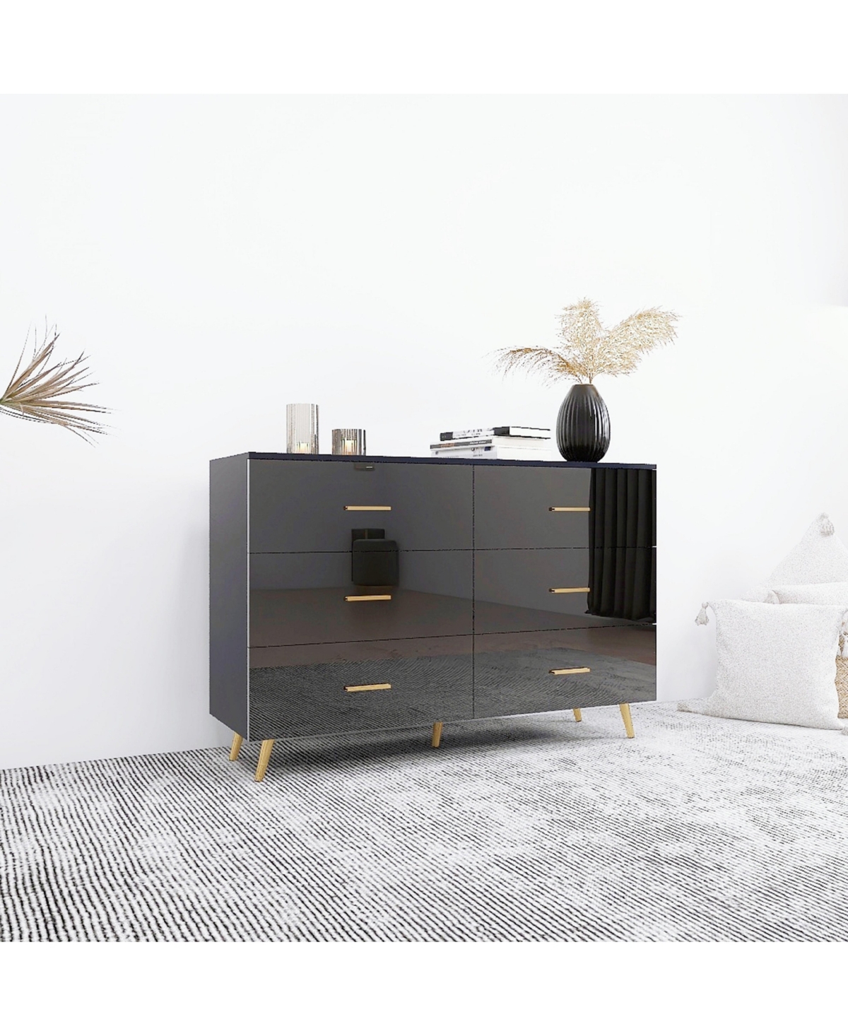 Boyel Living High Glossy 6-Drawer Chest of Drawers with Golden Accents