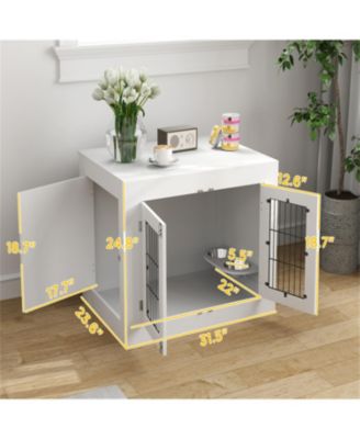 Dog Crate Furniture with 360° Rotatable Removable Dog Bowls in White