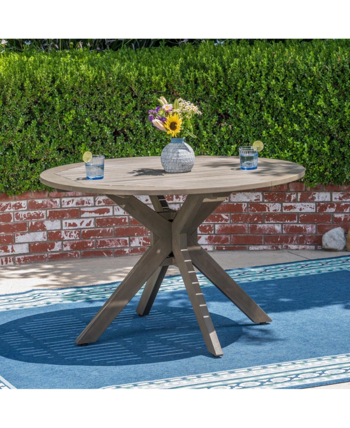 Mondawe 47-in Round Outdoor Dining Table in Gray Acacia Wood with X-Base