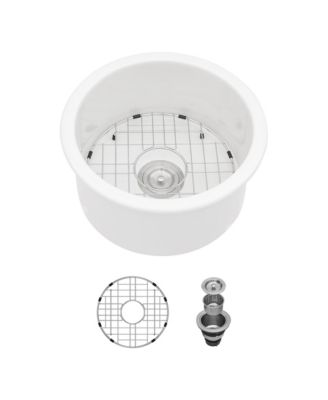 huluwat Porcelain Fireclay Circular Kitchen Sink Dual Mount Single Bowl with Grid