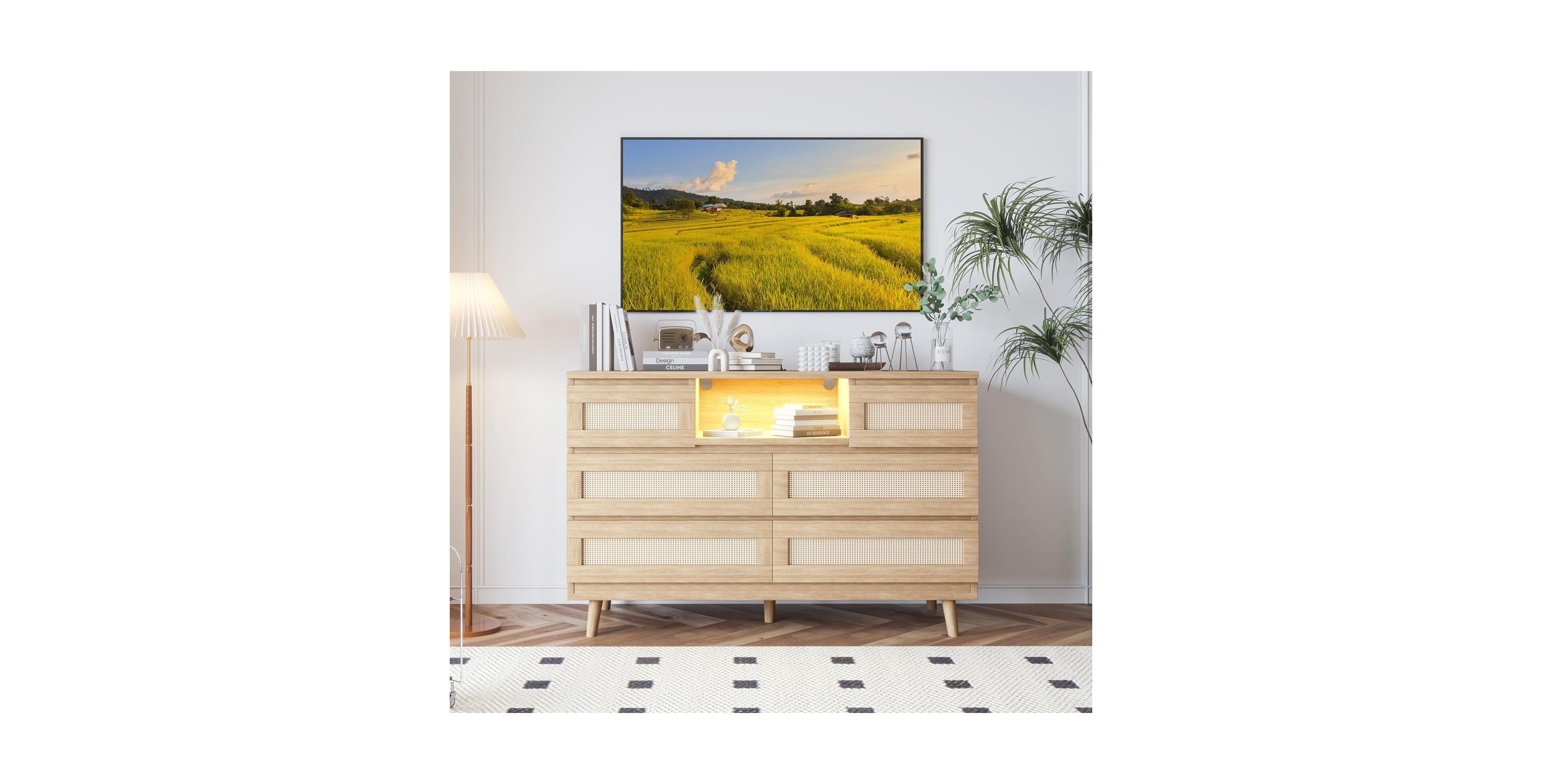 Gaomon Rattan Dresser for Bedroom, 47" Wide Chest of Dressers with 6 Deep Drawers