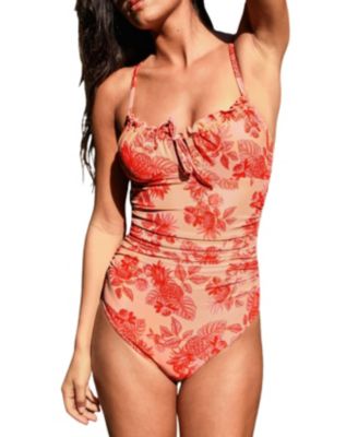 Women's Square Neck One Piece Swimsuit with Front Tie