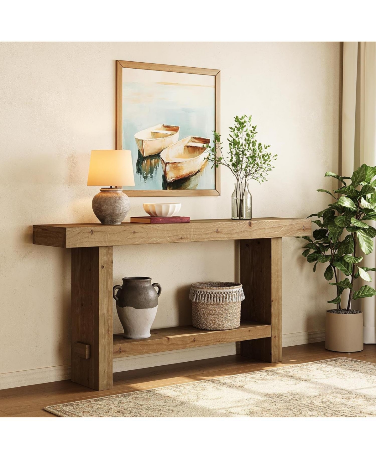 Tribesigns 63-Inch Solid Wood Console Table, 2-Tier Narrow Farmhouse Entryway Table for Hallway, Entrance, Living Room, Behind The Couch,Brown