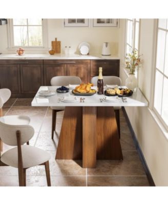 47-Inch Kitchen Dining Table for 4-6,White Rectangular Dining Table with Walnut Wood Base, Modern Wooden Eating Table