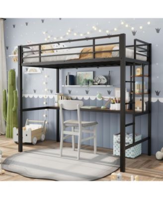 Loft Bed Twin Size with Large Desk and 2-Tier Storage Shelves, Heavy Duty Metal Loft Bed with Ladder and Guardrail