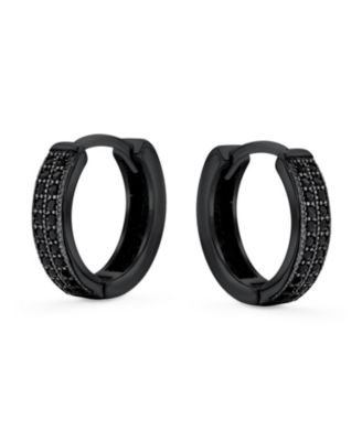 Set of 2 Black Pave CZ Cubic Zirconia Round Inside Out & 2 Row Huggie Hoop Earrings Black Rhodium Plated
