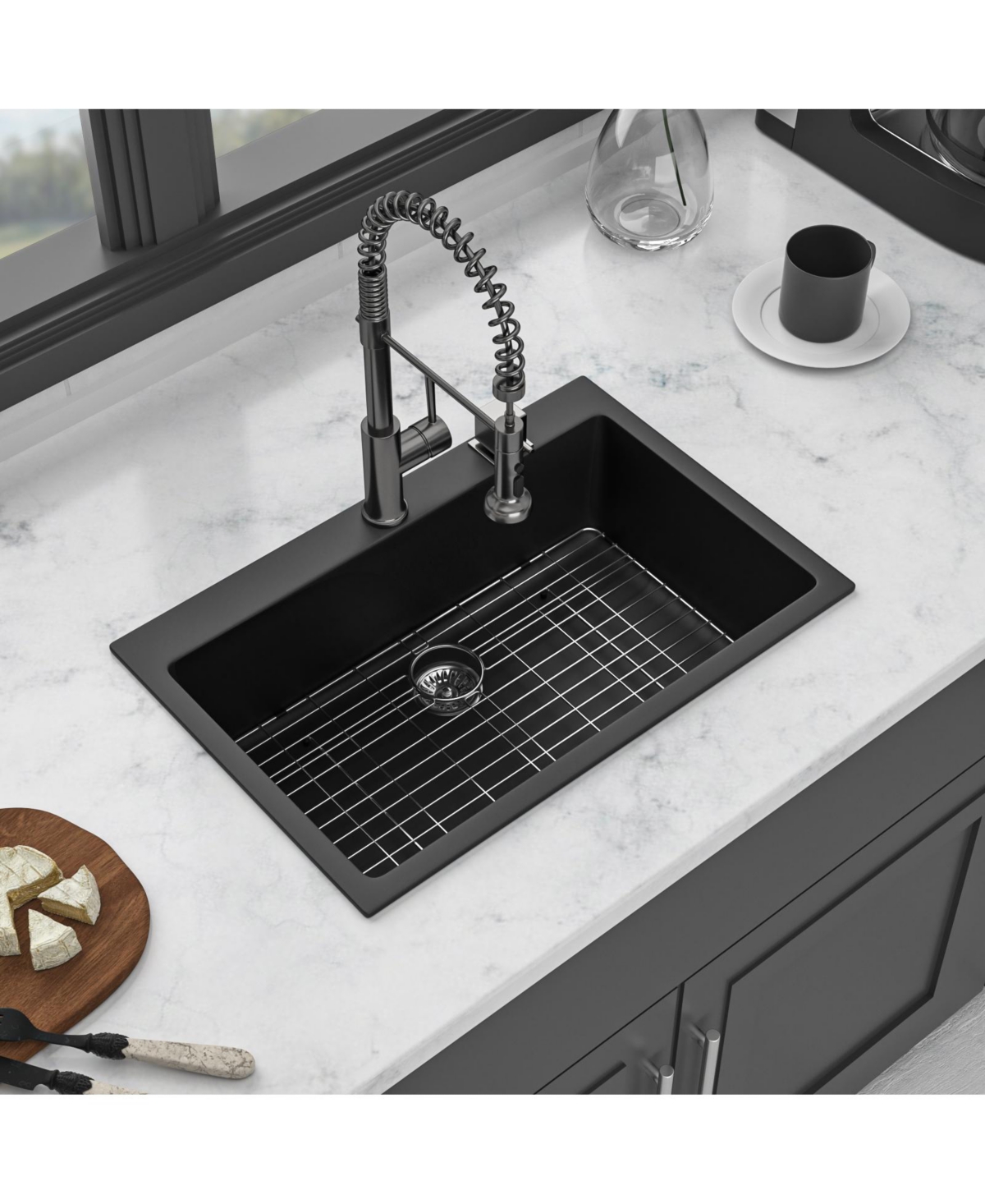 flynama Black Granite Composite Drop In Kitchen Sink with Complete Accessories