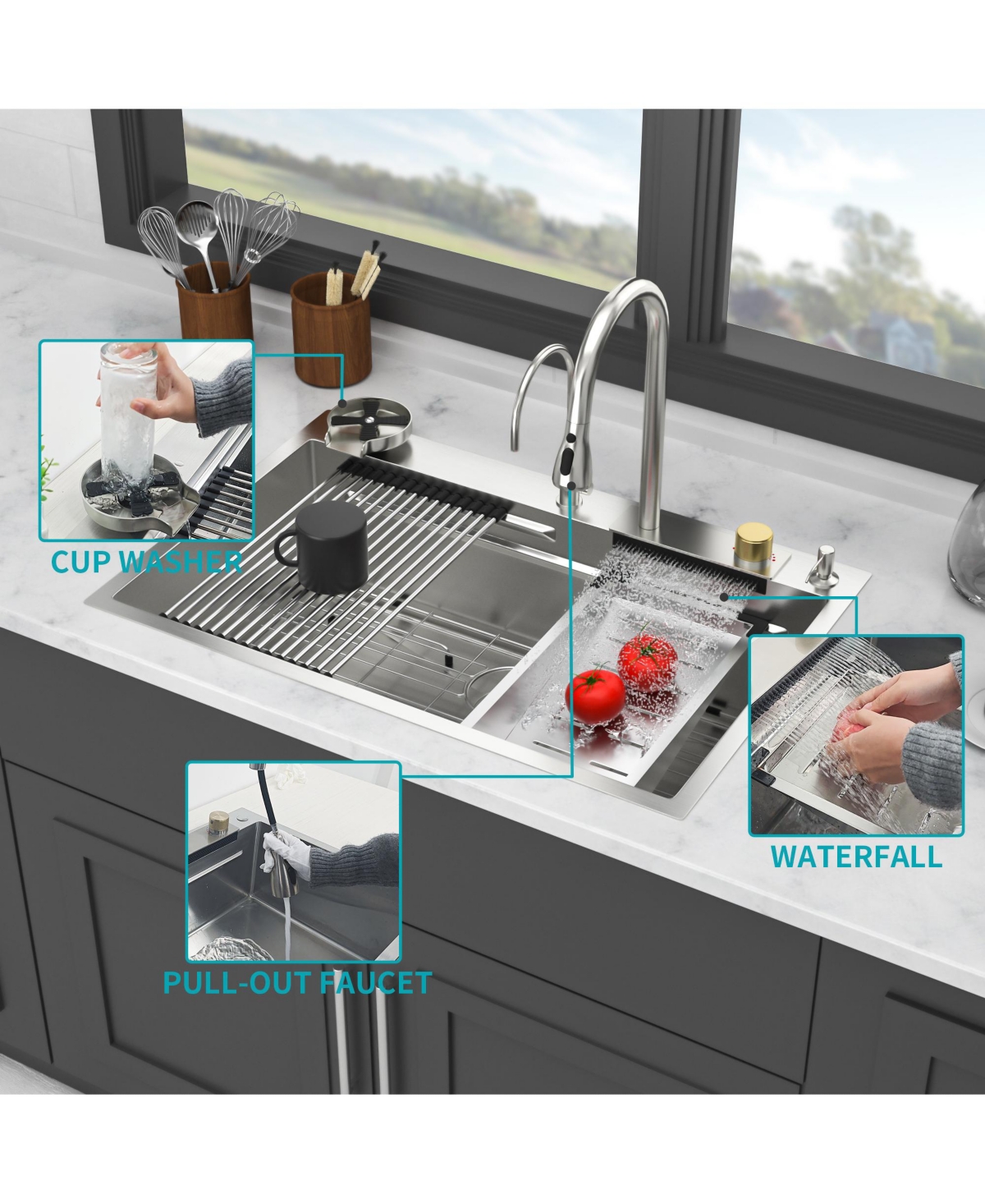 flynama 33x22x10inch 16 Gauge T304 Stainless Steel Drop In Waterfall Workstation Kitchen Sink with Pull Down Faucet and Cup Washer