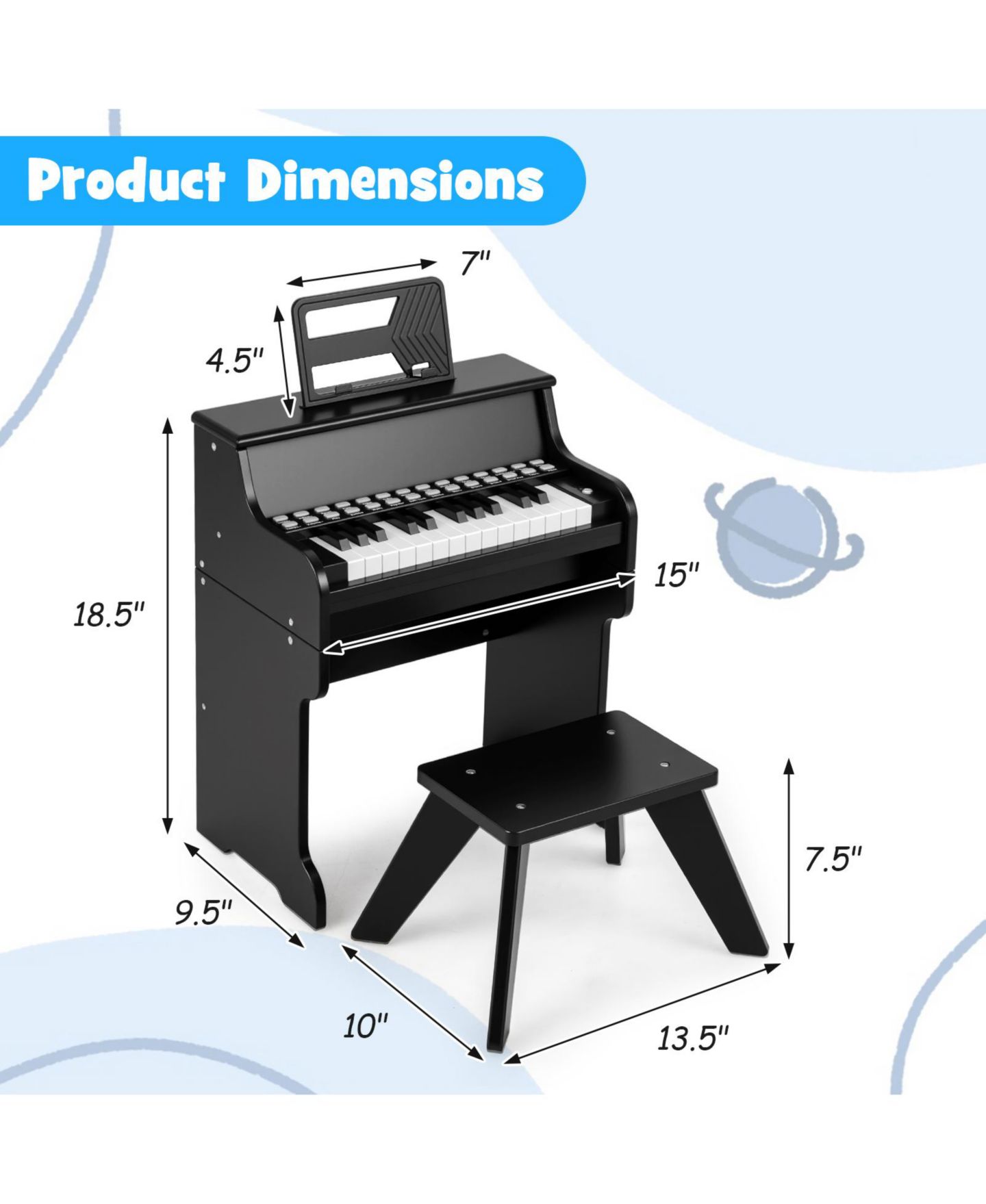 Детские игрушки Slickblue 25-Key Kids Piano Keyboard with Interactive Teaching Mode, 3-Piece Set, Ages 3+, цвет: Чёрный — фото 3