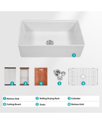 33x20x10inch White Porcelain Ceramic Single Bowl Workstation Kitchen Sink with Full Accessories