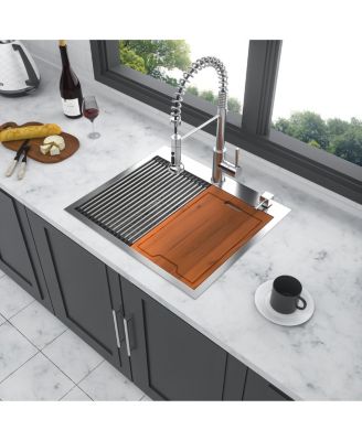 Inch Drop In Topmount Workstation Kitchen Sink 16 Gauge T304 Stainless Steel Single Bowl With Cutting Board Colander