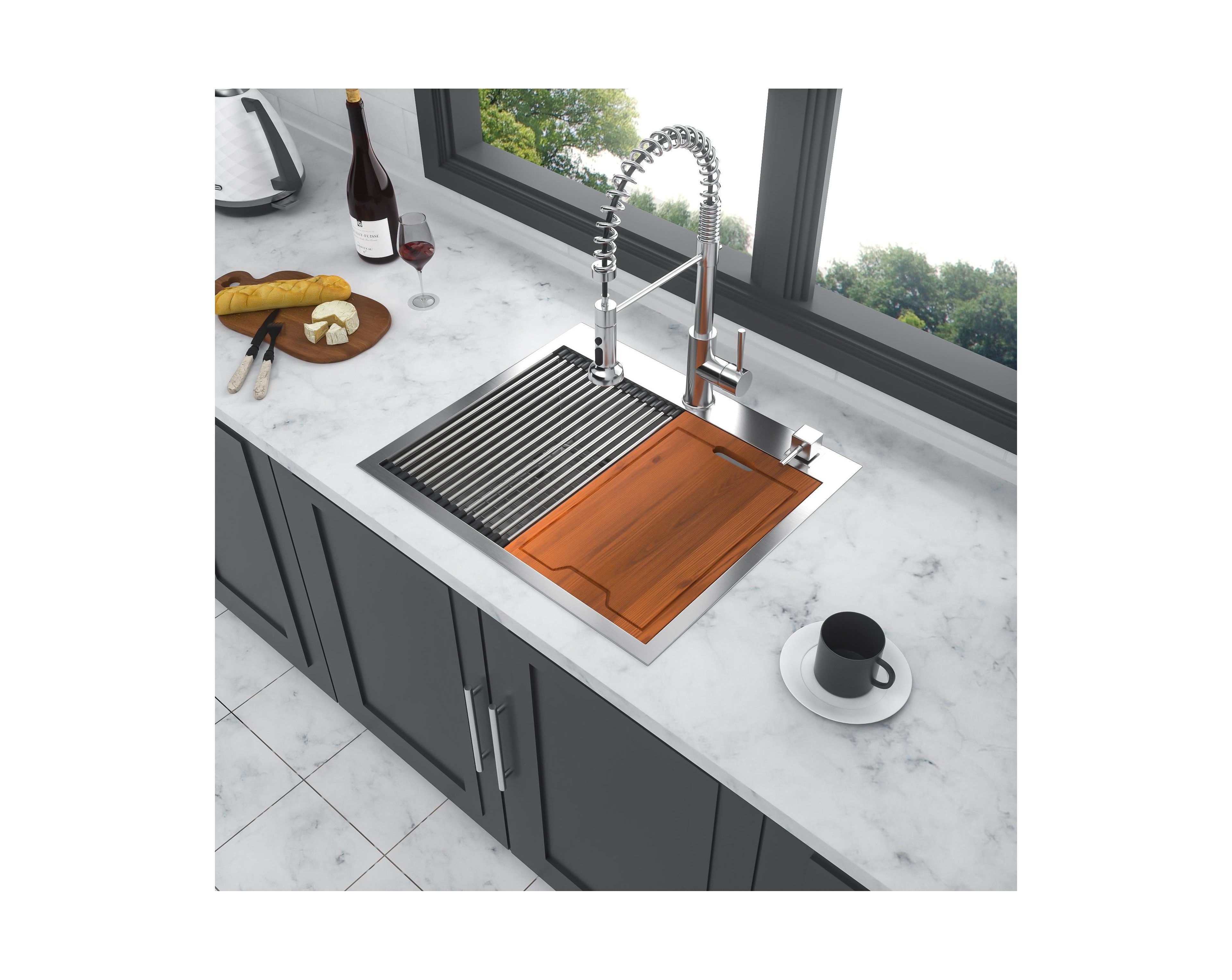 flynamab25x22x10 Inch Drop In Topmount Workstation Kitchen Sink 16 Gauge T304 Stainless Steel Single Bowl With Cutting Board Colander
