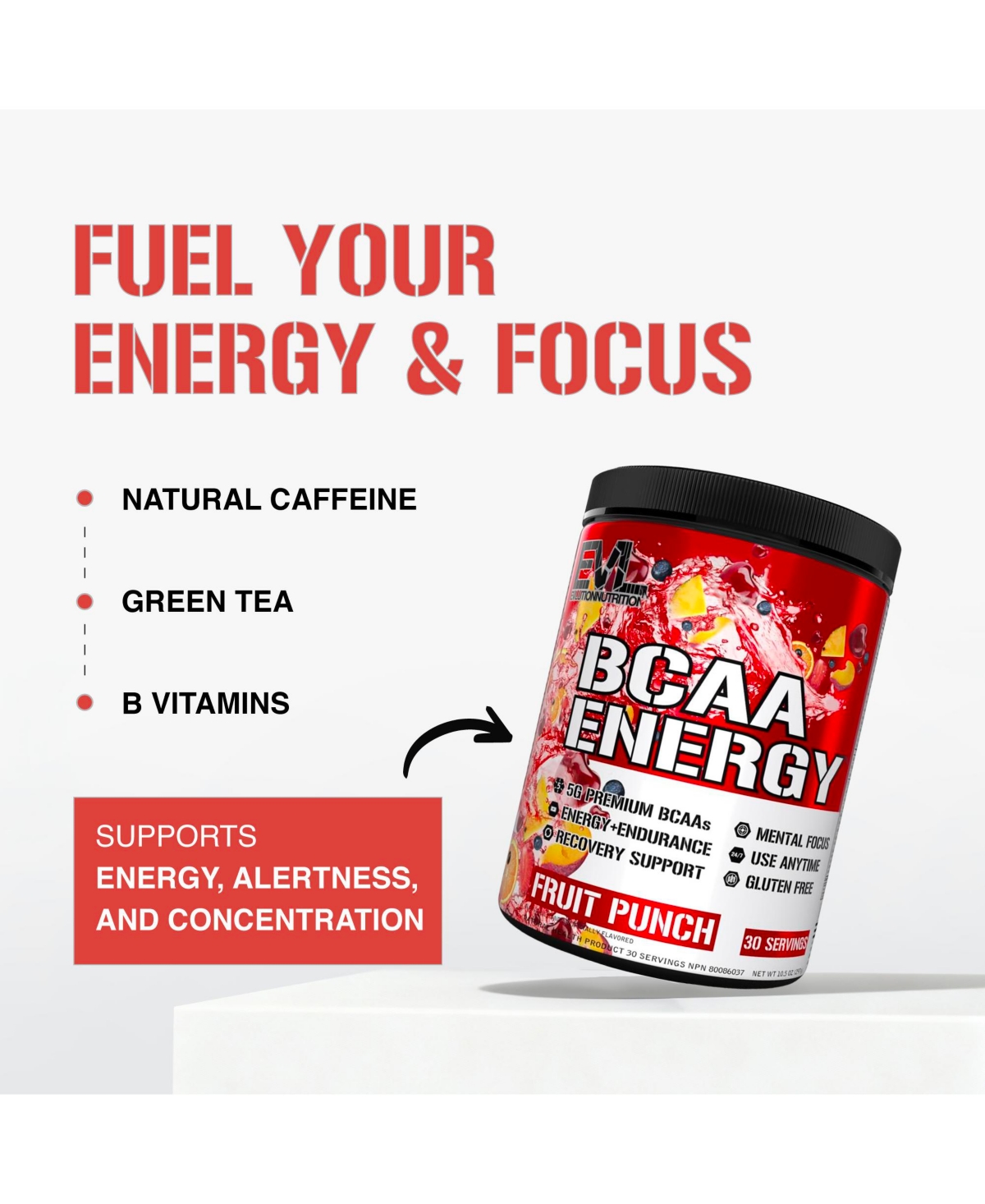 Evl Bcaas Amino Acids Powder - Rehydrating BCAA Powder Post Workout Recovery Drink with Natural Caffeine