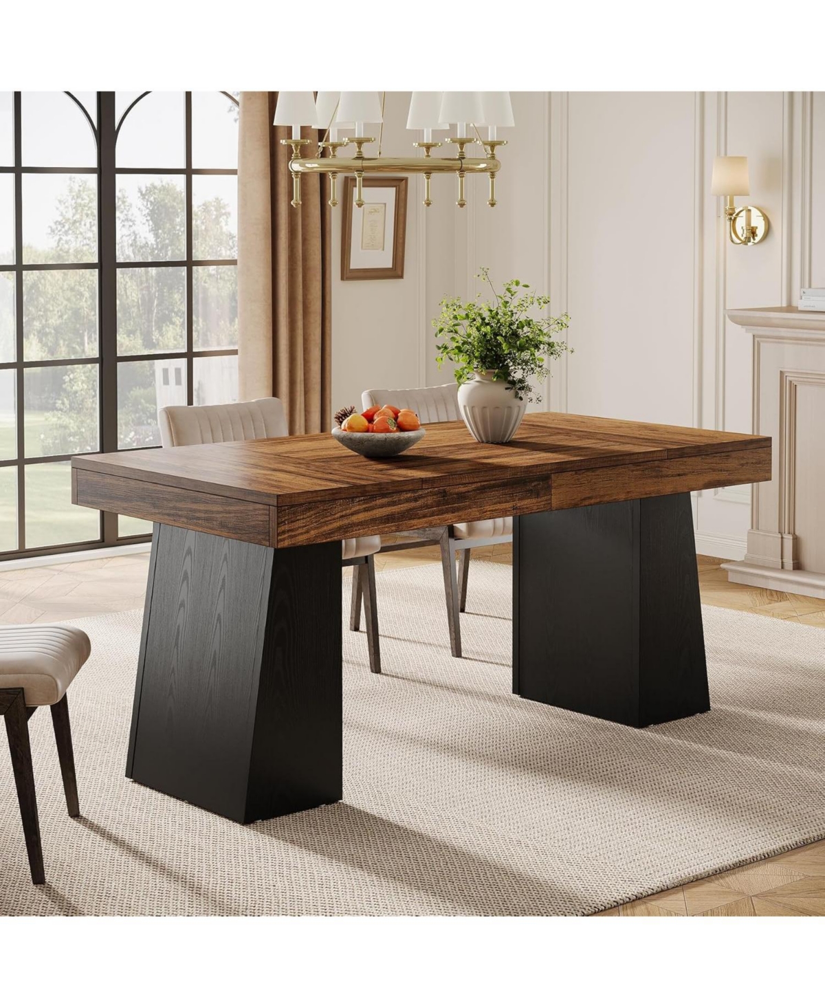 Tribesigns Dining Room Table for 4-6, 55-Inch Mid-Century Modern Dining Table with Double Pedstral, Rectangular Wood Kitchen Dinner Table