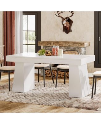 Dining Room Table for 4-6, 55-Inch Mid-Century Modern Dining Table with Double Pedstral, Rectangular Wood Kitchen Dinner Table