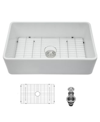 33x20x9 Inch Farmhouse Kitchen Sink Premium Porcelain Ceramic Apron Front Single Bowl With Stainless Steel Drain Assembly And Dish Grid