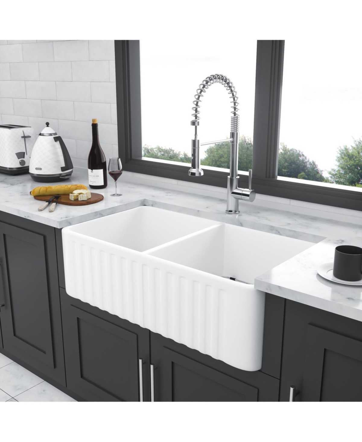 flynama 33x18x10inch White Farmhouse Sink Ceramic Porcelain Double Bowl Apron Front Kitchen