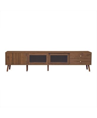 76" Storage Cabinet TV Stand with Glass-Door Media Console with Wood-Grain