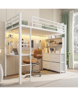 Twin Size Loft Bed with Desk, 4 Large Fabric Drawers and Open Shelves, Heavy Duty Metal Loft Bed with LED Lights
