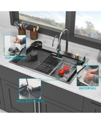 33x22x10inch Gunmetal Black Waterfall Kitchen Sink Drop In Stainless Steel Workstation